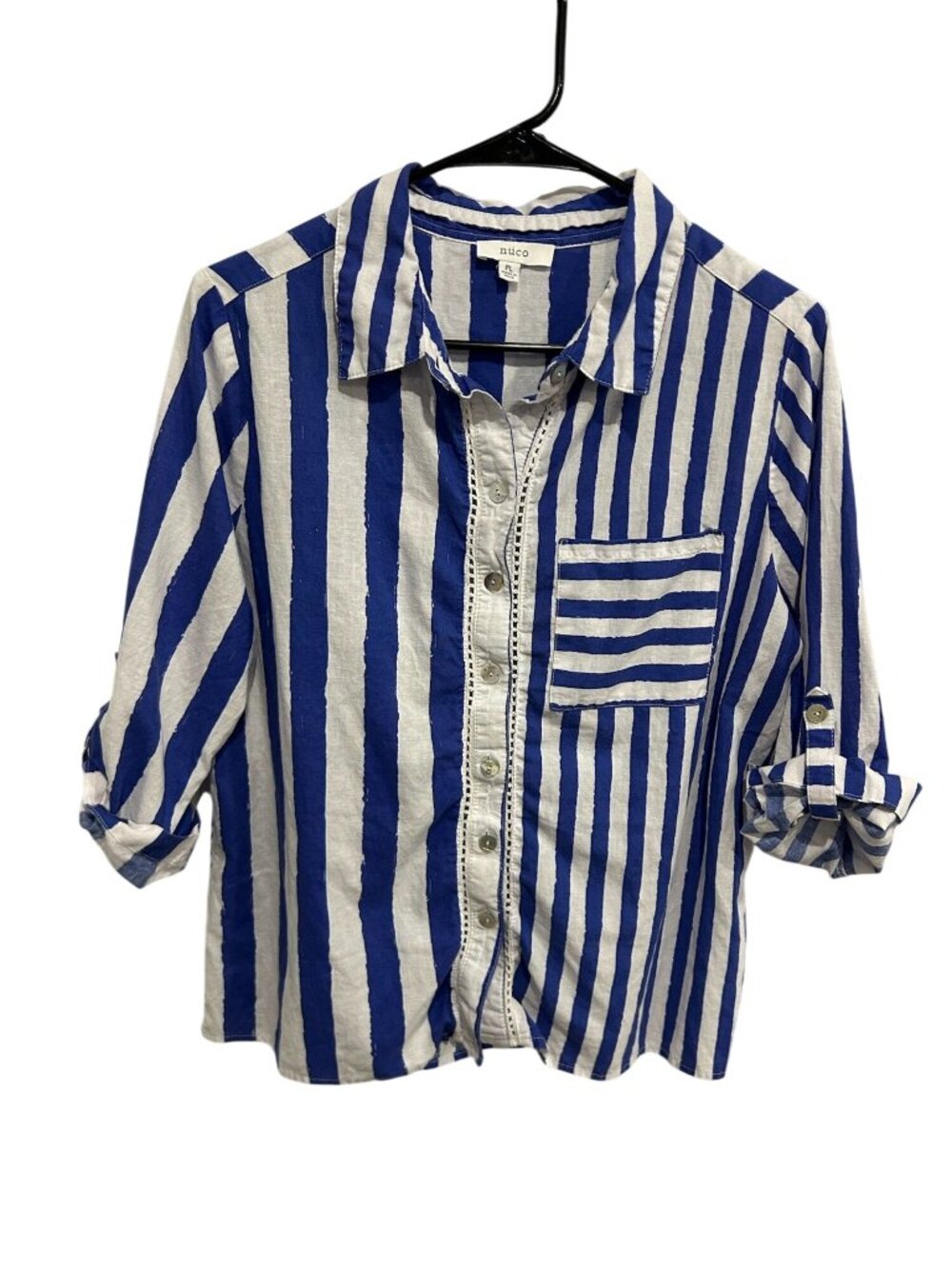 Nuco Large Petite Blue White Striped Roll Tab Button Up Shirt Old Money Heritage